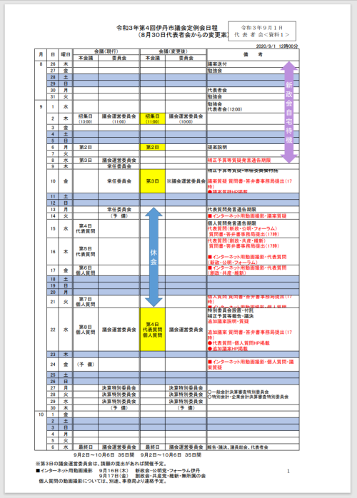 9月議会の日程